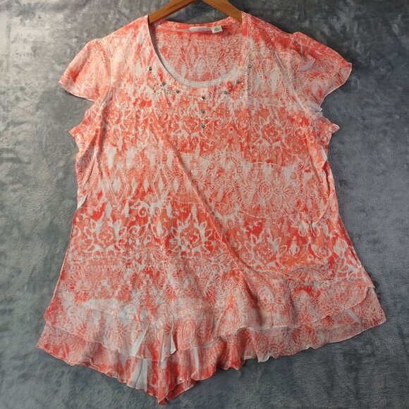 Cato Womens XL Orange White Burnout Ruffle Hem Top Blouse Boho Artsy Summer Vibe - Picture 1 of 11